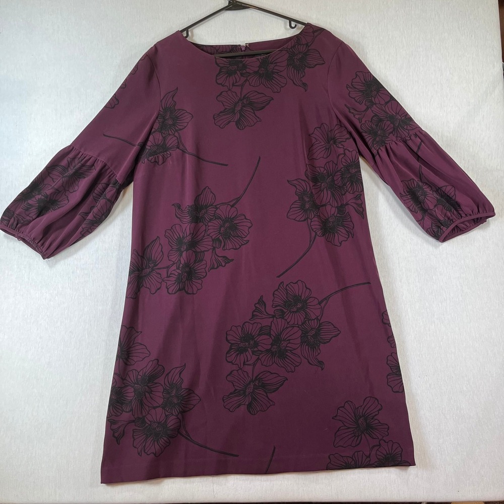 Ann Taylor Factory Shit Dress 16 Plum Purple Black Floral Balloon Sleeve